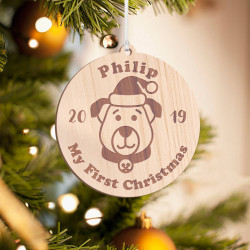 Personalized Wooden Puppy Face Merry Christmas Ornament