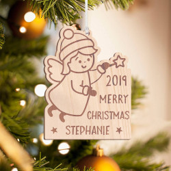 Personalized Wooden Baby Angel Girl with Star Merry Christmas Ornament