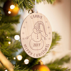 Personalized Oval Wooden Triple Rounded Penguin Merry Christmas Ornament