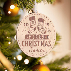 Personalized Oval Shaped Wooden Baby Mittens Merry Christmas Ornament