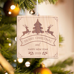 Personalized Square Wooden Deer Inspired Merry Christmas and Happy New Year Ornament
