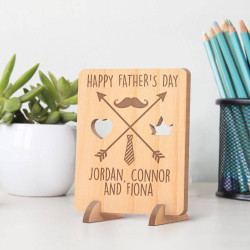 Personalized Happy Father's Day Wooden Gift Card feat a Tie & Moustache