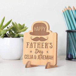 Personalized Happy Father's Day Wooden Gift Card feat Cowboy Hat & Moustache