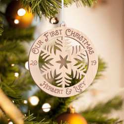 Personalized Wooden Round Detailed Our First Christmas Merry Christmas Ornament
