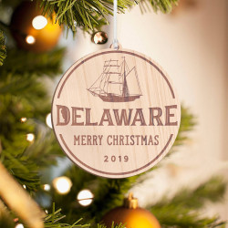 Personalized Round Wooden Delaware Merry Christmas Ornament