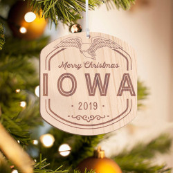 Personalized Rounded Square Wooden Iowa Merry Christmas Ornament