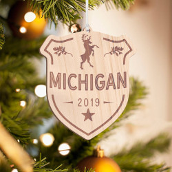 Personalized Curved Pentagon Wooden Michigan Merry Christmas Ornament