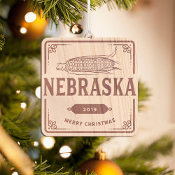 Personalized Rounded -Square Wooden Nebraska Merry Christmas Ornament