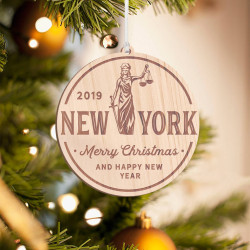 Personalized Round Wooden New York Merry Christmas Ornament