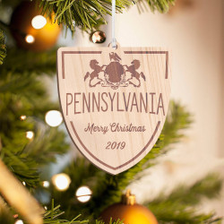 Personalized Curved Pentagon Wooden Pennsylvania Merry Christmas Ornament