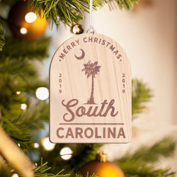 Personalized Curved Pentagon Wooden South Carolina Merry Christmas Ornament