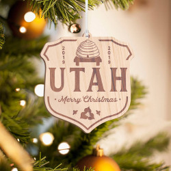 Personalized Curved Pentagon Wooden Utah Merry Christmas Ornament