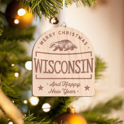 Curved Pentagon Wooden Wisconsin Merry Christmas Ornament