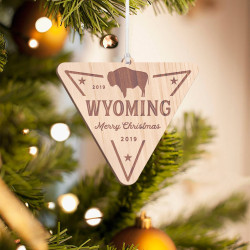 Personalized Inverted Triangle Wooden Wyoming Merry Christmas Ornament