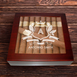 Personalized With Name and Initial 20 Count Cherry Glass Top Cigar Humidor With Humidifier