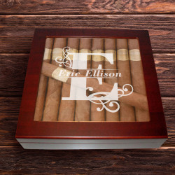Personalized With Name and Initial 20 Count Cherry Glass Top Cigar Humidor With Humidifier