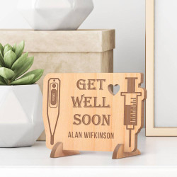 Personalized Get Well Soon Wooden Gift Card feat Syringe & Thermometer