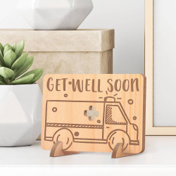 Personalized Get Well Soon Wooden Gift Card feat an Ambulance