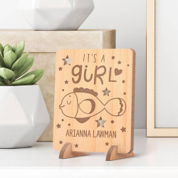 Personalized It's a Girl Baby Shower Wooden Gift Card feat a Smiley Fish