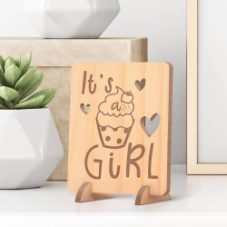 Personalized It's a Girl Baby Shower Wooden Gift Card feat a Cupcake