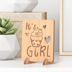 Personalized It's a Girl Baby Shower Wooden Gift Card feat a Cupcake