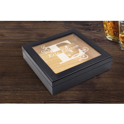 Personalized With Name and Initial 20 Count Black Glass Top Cigar Humidor With Humidifier