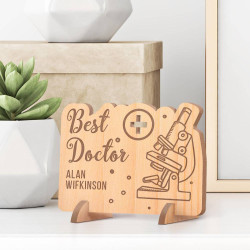 Personalized Best Doctor's Name Wooden Gift Card feat a Microscope