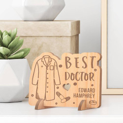 Personalized Best Doctor's Name Wooden Gift Card feat a Doctor's Coat