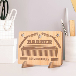 Personalized Barber's Name Wooden Gift Card feat Tongs & Comb
