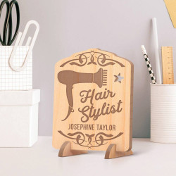 Personalized Hair Stylist Wooden Gift Card feat a Blow-Dryer