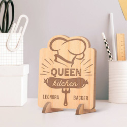 Personalized Queen of the Kitchen Wooden Gift Card feat Sausage & Chef's Headgear