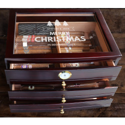 Personalized Dark Mahogany Glass Top Cigar Humidor With 3 Drawers Christmas Gift