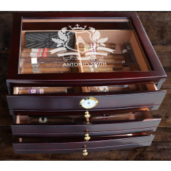 Personalized With Name and Initial Dark Mahogany Glass Top Cigar Humidor With 3 Drawers
