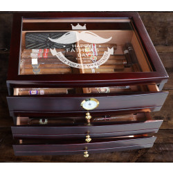 Personalized Father's Day Dark Mahogany Glass Top Cigar Humidor With 3 Drawers