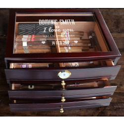 Personalized Valentine's Day Dark Mahogany Glass Top Cigar Humidor With 3 Drawers