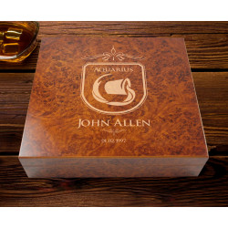 Luxurious Personalized Birthday 20 Count Burl Cigar Humidor with Humidifier with Zodiac Signs