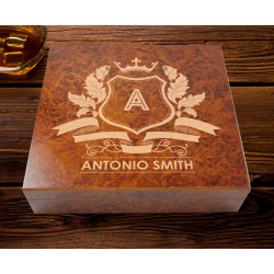 Luxurious Personalized With Name and Initial 20 Count Burl Cigar Humidor with Humidifier