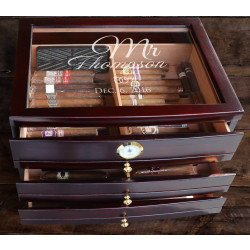 Personalized Wedding Dark Mahogany Glass Top Cigar Humidor With 3 Drawers