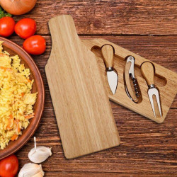 Personalized Bottle Shaped Cheese Board with Sharpened Knife, Fork and Wine Bottle Opener Inside