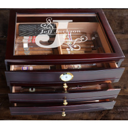 Personalized With Name and Initial Dark Mahogany Glass Top Cigar Humidor With 3 Drawers