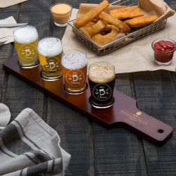 Personalized Drink Lover Core Beer Flight Set, 4 Beer Pub Taster Glasses with 4-Hole Red-Brown Wood Paddle