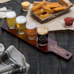 Personalized Birthday Core Beer Flight Set with 4-Hole Red-Brown Wood Paddle