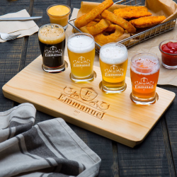 Personalized 4 Core Beer Flight Pub Taster Glasses with 4 Holed Rustic Wood Sampler Tray