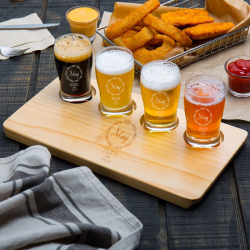 Personalized Birthday 4 Core Beer Flight Pub Taster Glasses with Wood Sampler Tray
