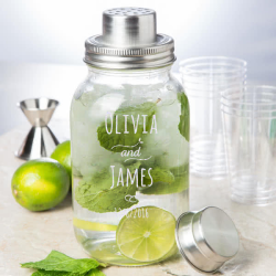 Personalized Wedding Glass Mason Jar Bar Shaker with Metal Top