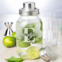 Personalized Initial and Name Glass Mason Jar Bar Shaker with Metal Top