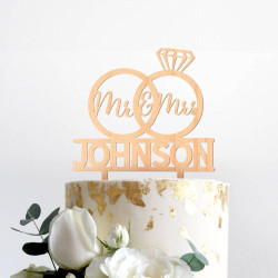 Custom Mr and Mrs Ring Wood Wedding Cake Topper