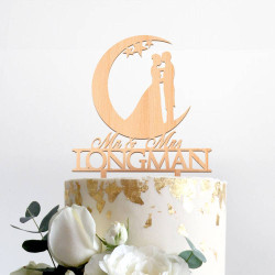 Custom Mr and Mrs Wood Wedding Cake Topper Moon Shaped