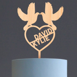 Custom Wood Wedding Cake Topper with Heart and Pigeons