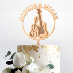 Custom Wood Wedding Cake Topper with Carved Guitars